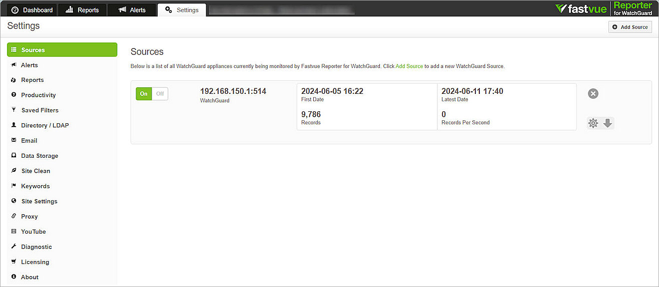 Screenshot of Fastvue Reporter, sources in settings page